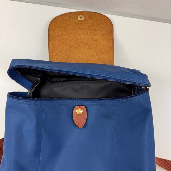 LONGCHAMP Le Pliage Backpack Navy Brown Snap Button Top Handle Adjustable FRANCE - Picture 9 of 12